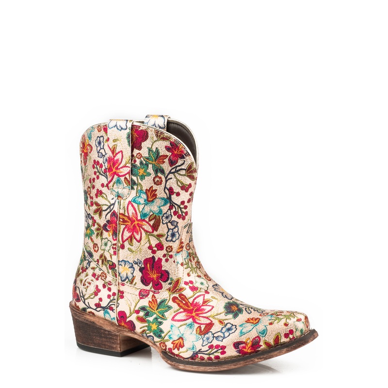 Womens Fashion Shorty Boot Gold Floral Print Faux Leather 5 R