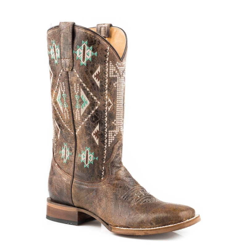 Womens Leather Cowboy Boot Waxy Brown With Embroidered Aztec Design 5 R