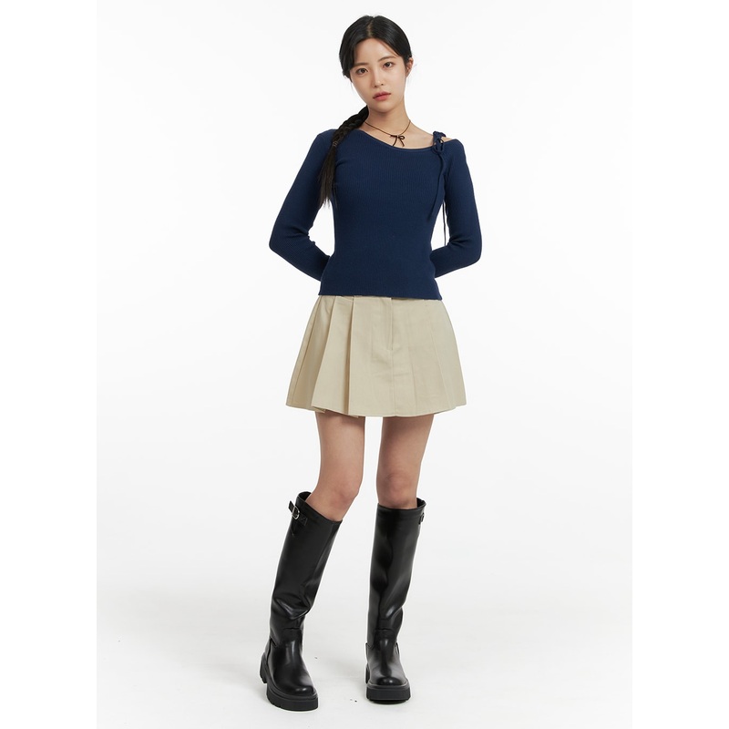 A-Line Pleated Mini Skirt OF422 Beige S