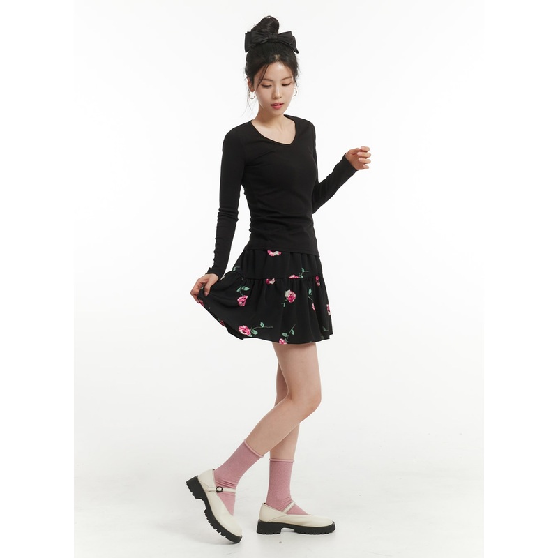 Floral Graphic Flare Mini Skirt OF428 Black S/M