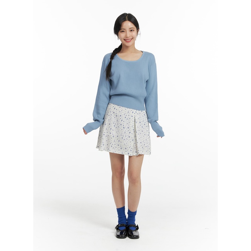 Floral Print Mini Skirt OF422 Light beige S/M