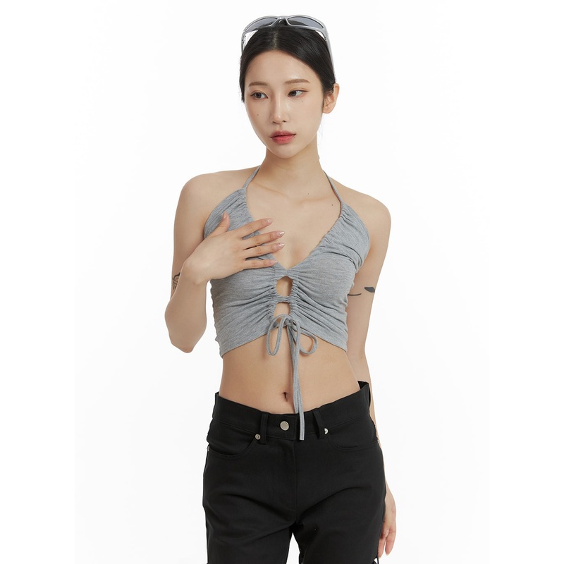 Halter Neck Shirred Crop Tank Top CF429 Gray S/M