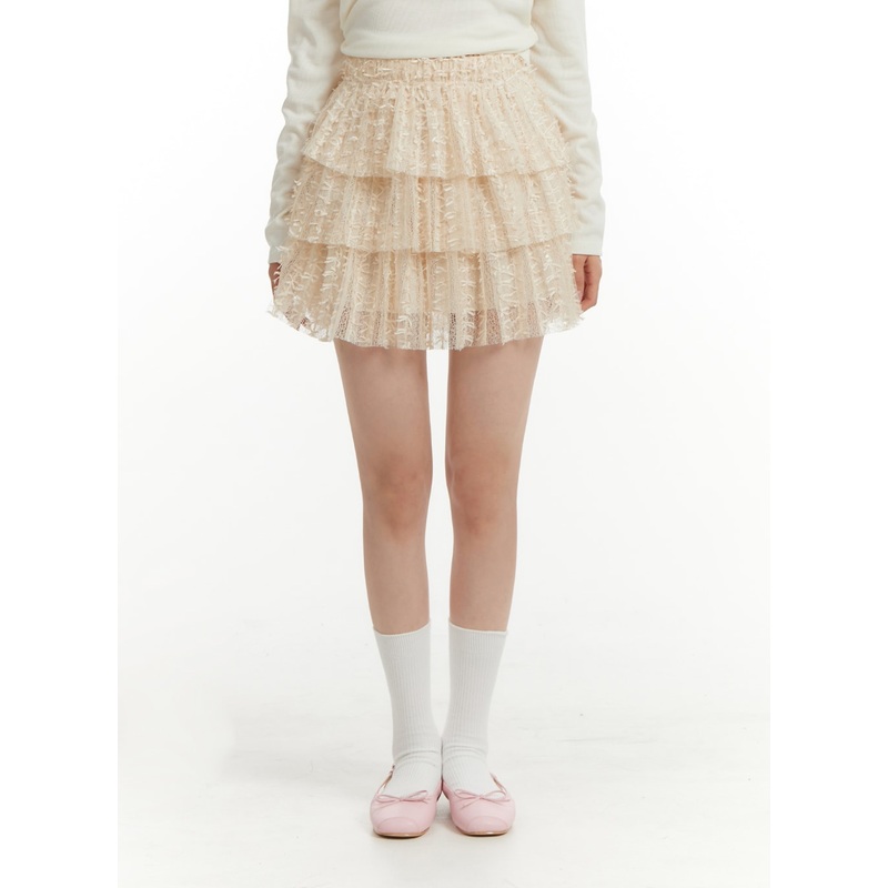 Lace Frill Mini Skirt OF428 Beige S/M