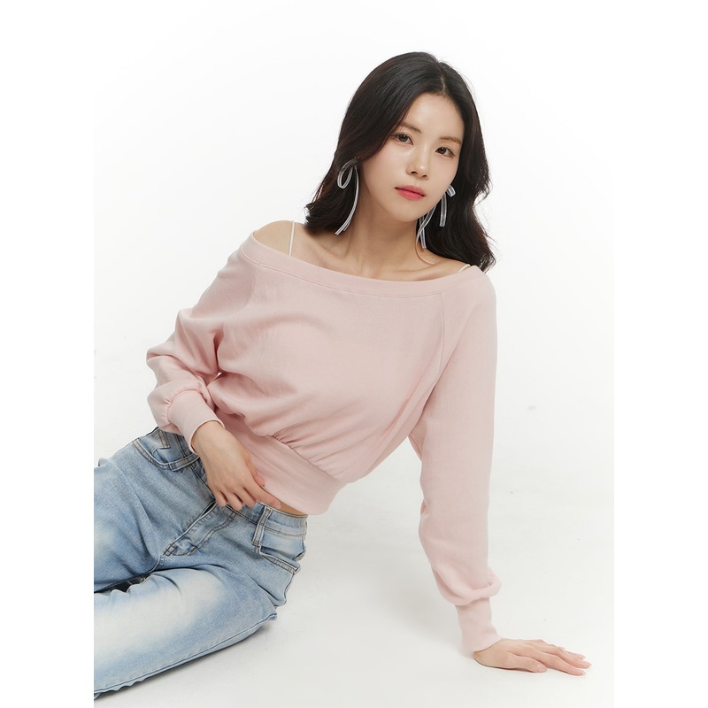 Off-Shoulder Crop Sweatshirt OF427 Pink S/M