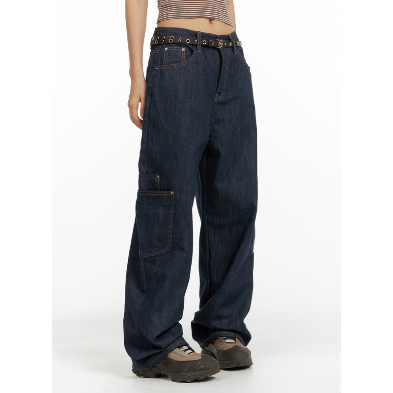 Pocketed Denim Wide Leg Jeans CF423 Dark blue S