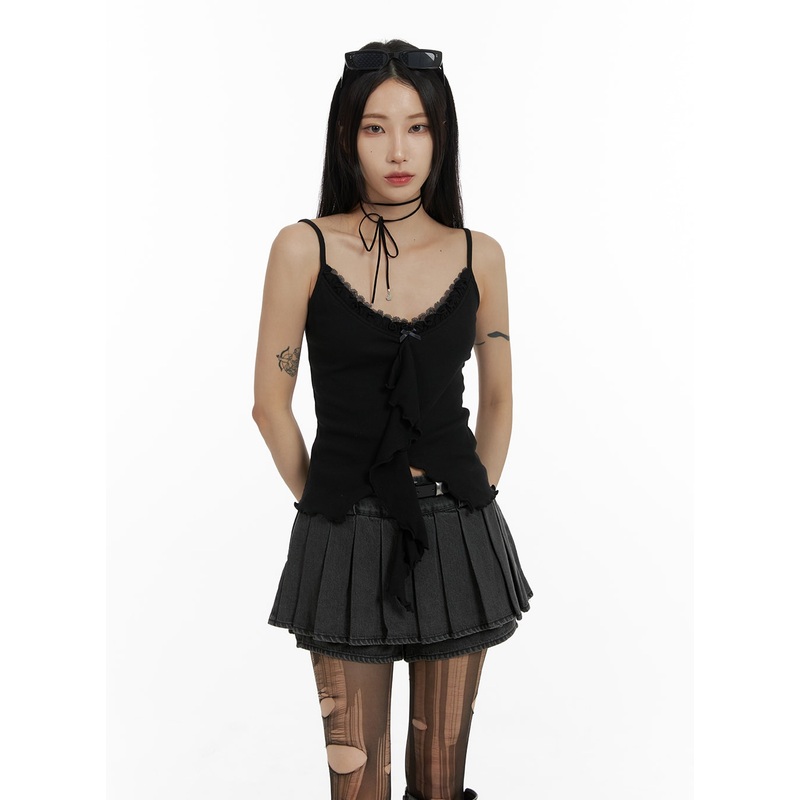 Ruffle Lace Cut Out Cami Top CF429 Black S/M