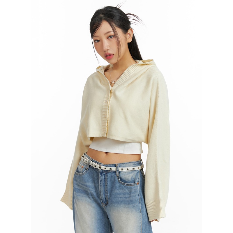 Solid Button Hoodie Cardigan CF426 Light beige S/M