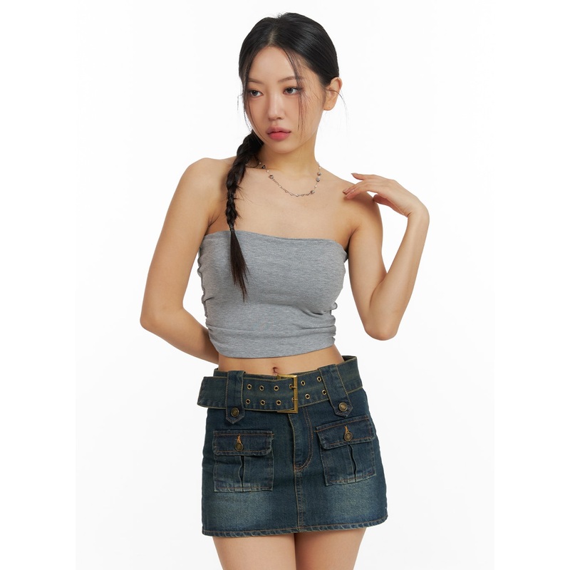 Solid Strapless Crop Top CF426 Gray S/M