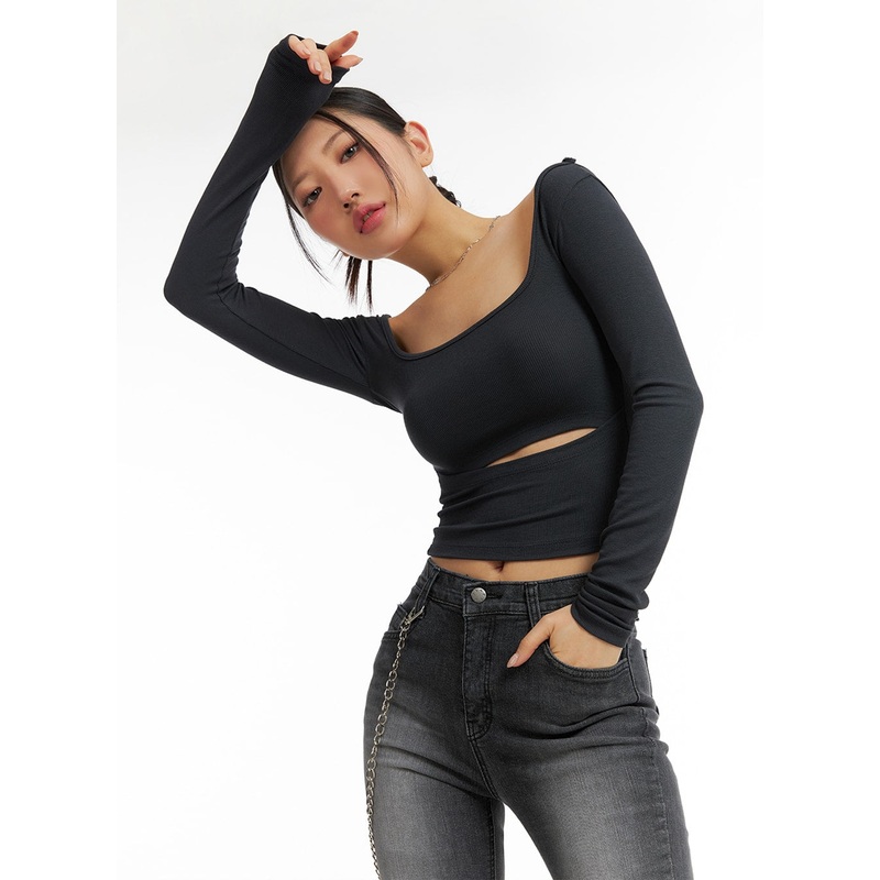 Square Neck Cut Out Crop Top IM405 Dark gray S/M