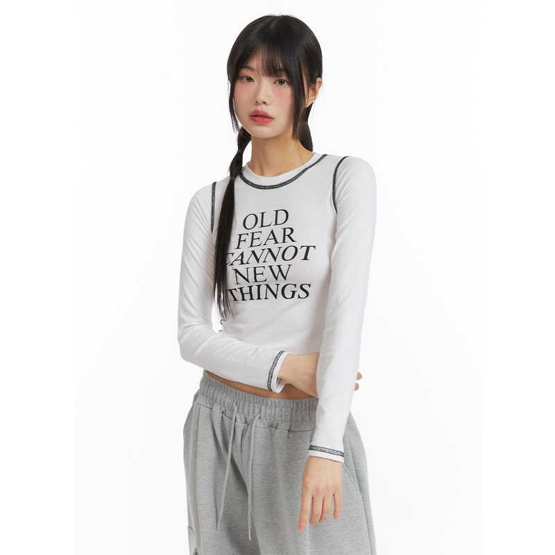 Stitched Crop Long Sleeve Top CF423 White S/M