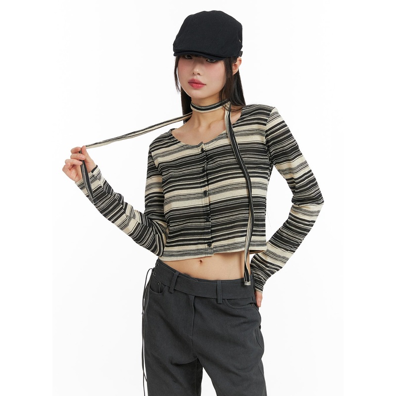 Striped Button Cardigan with Scarf CF423 Black S/M