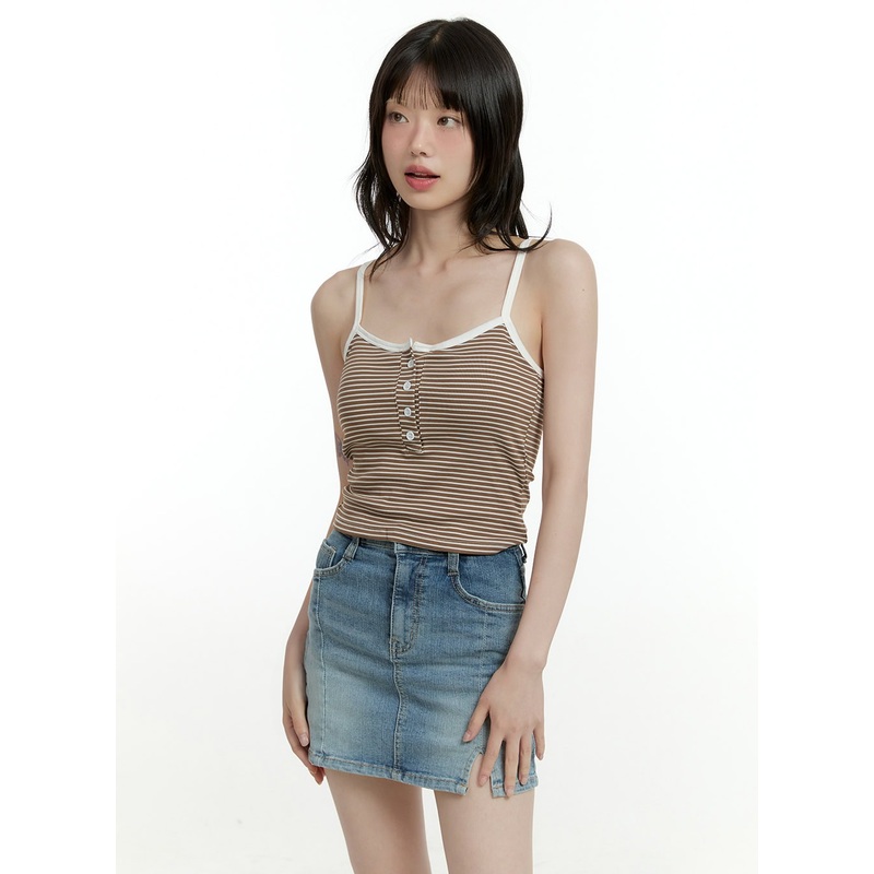 Striped Buttoned Crop Cami Top CF423 Brown S/M