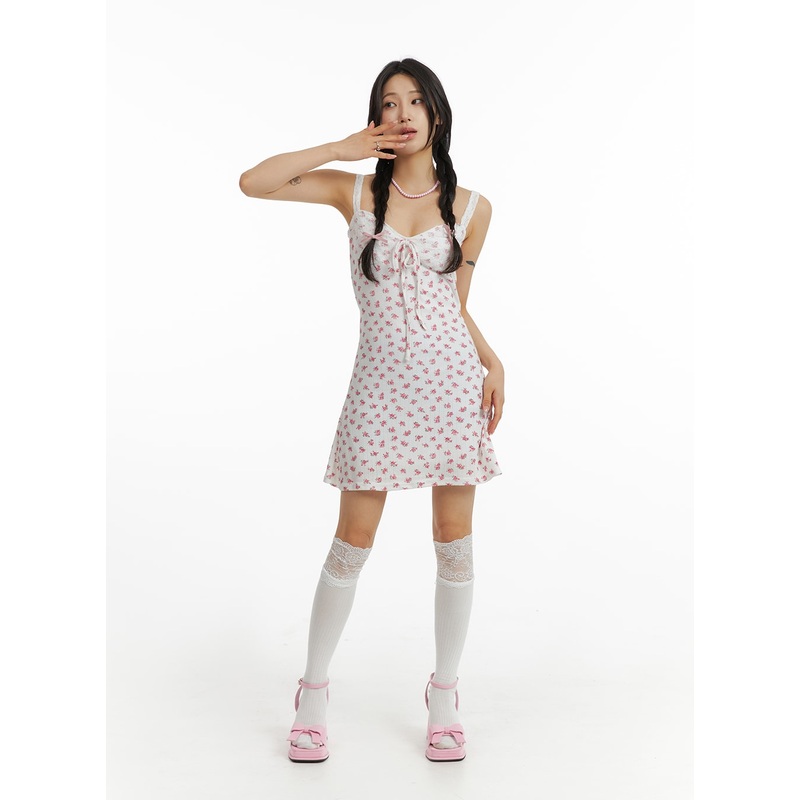 Sweetheart Floral Ribbon Mini Dress IM404 Pink S/M