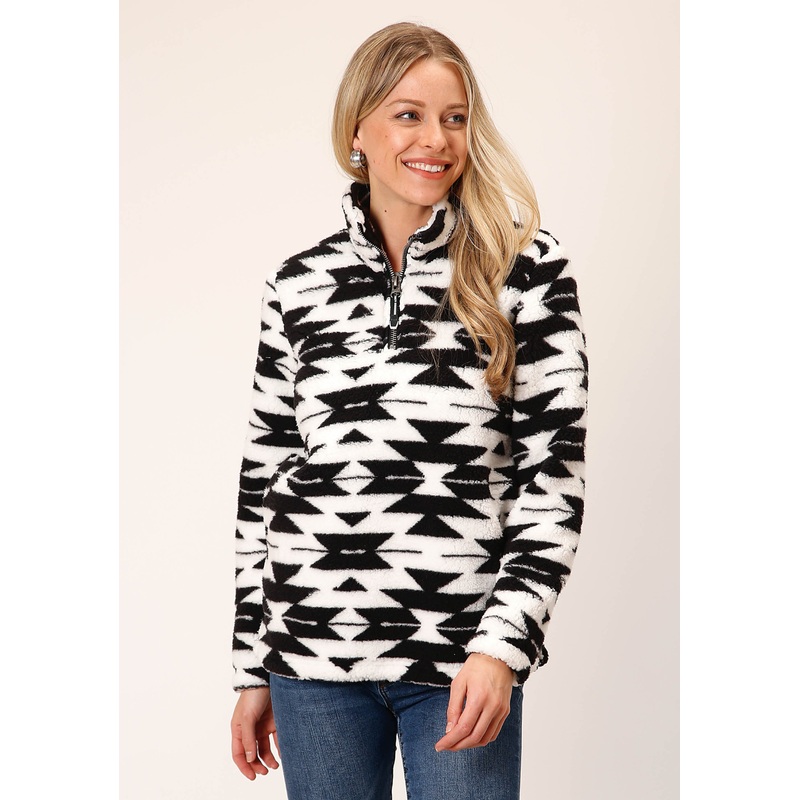 Womens Black White Aztec Polar Fleece Pullover XS