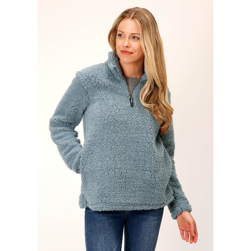 Womens Solid Steel Blue Polar Fleece Pullover XS