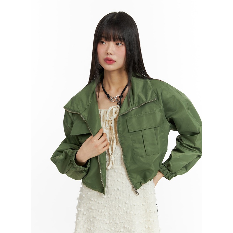 Zip-Up Crop Bomber Jacket CF422 Dark green S/M