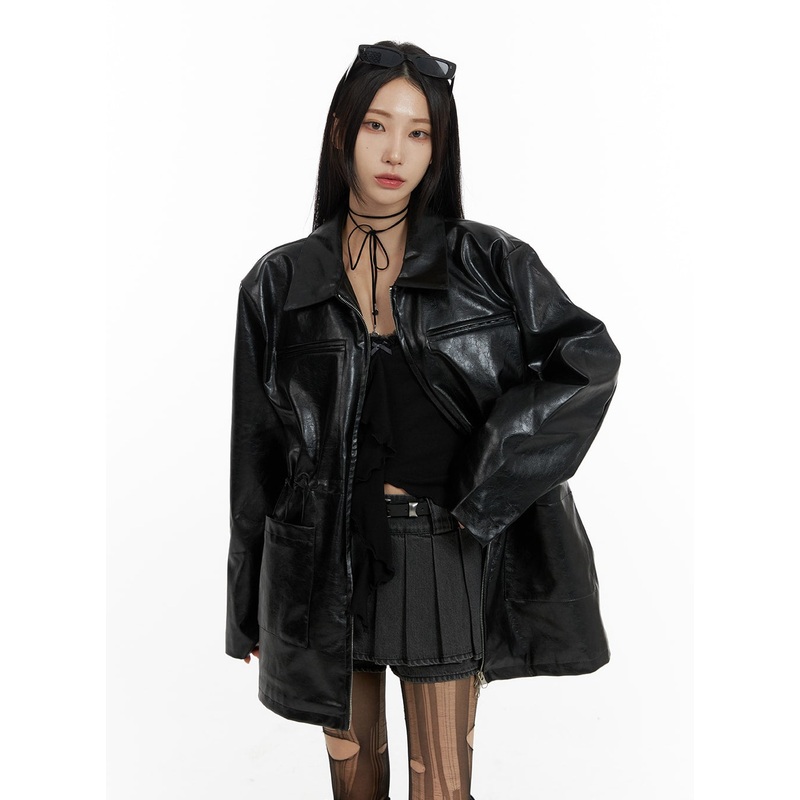 Zip-Up Faux Leather Midi Coat CF429 Black S/M