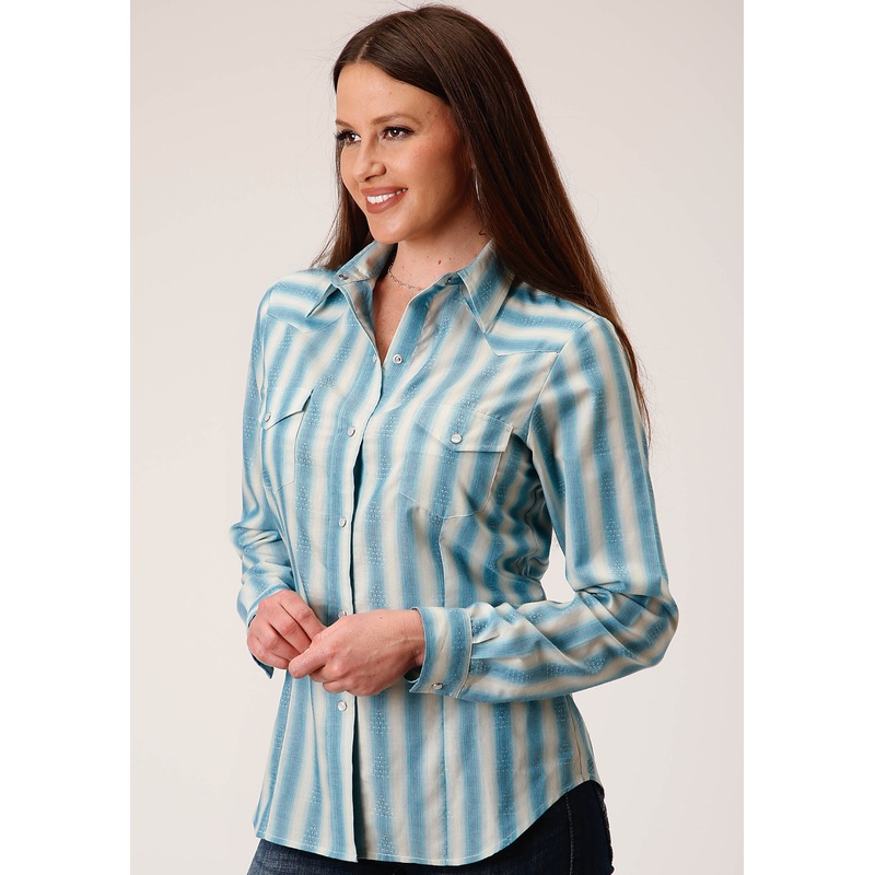 Womens Long Sleeve Snap Aqua And Cream Ombre Stripe Western Shirt XS