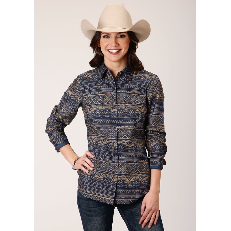 Womens Long Sleeve Snap Navy Horizontal Aztec Stripe Western Shirt XS