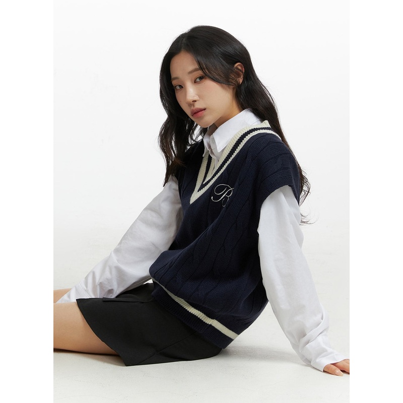 Cable Knit V-Neck Vest Sweater CF415 Dark blue S/M