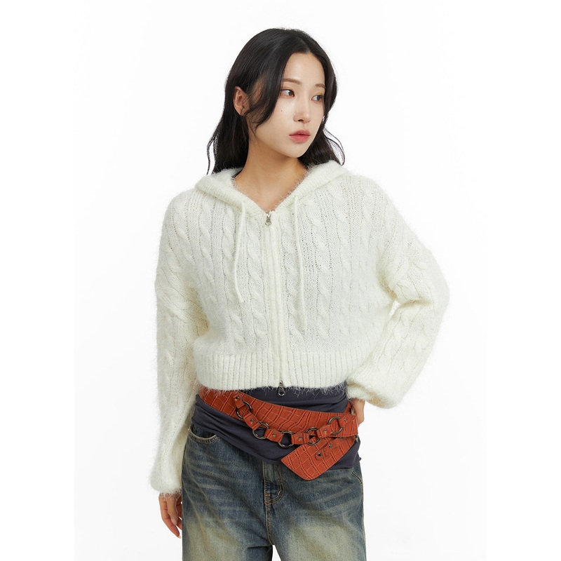 Cable Knit Zippered Hooded Cardigan CF416 Light beige S/M