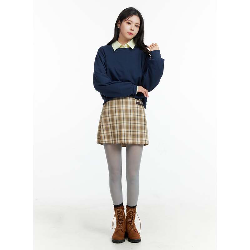 Checkered Buckle Mini Skirt OF415 Beige S/M