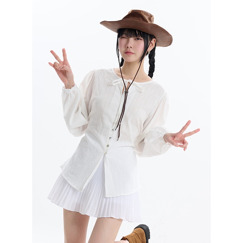 Collarless Bowknot Long Sleeve Blouse IF413 White S/M