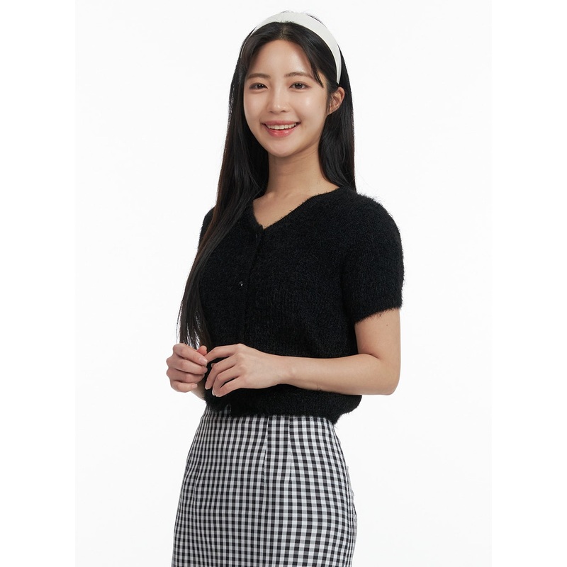 Fuzzy V-Neck Button Short Sleeve Sweater OF416 Black S/M