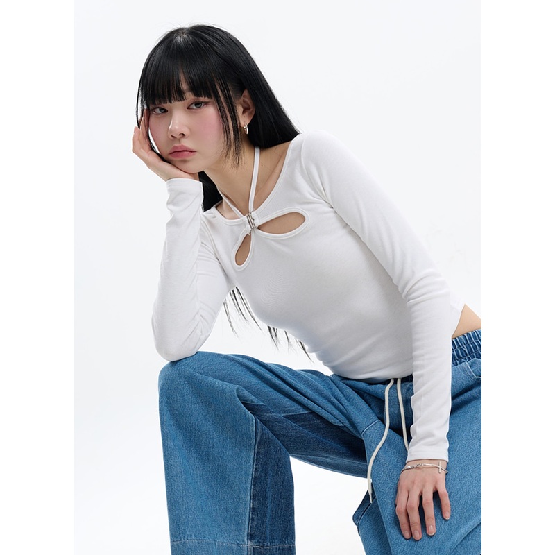 Halter Cut Out Crop Long Sleeve IF413 White S/M