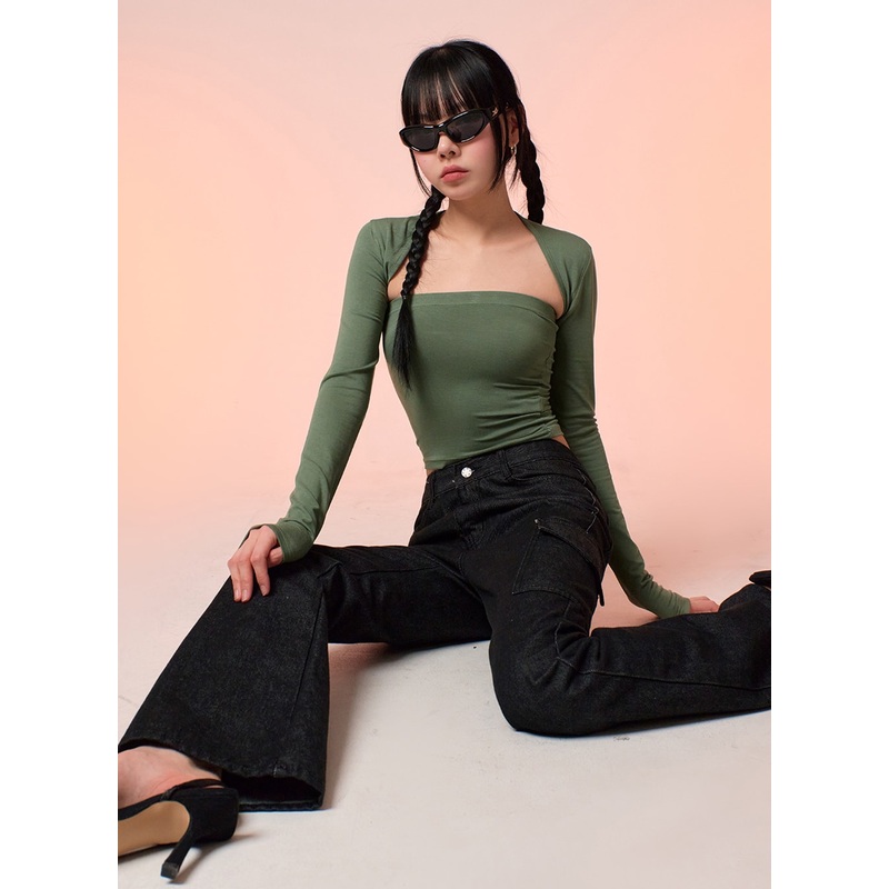 Hollow Out Shrug and Solid Tube Top IF413 Dark green S/M