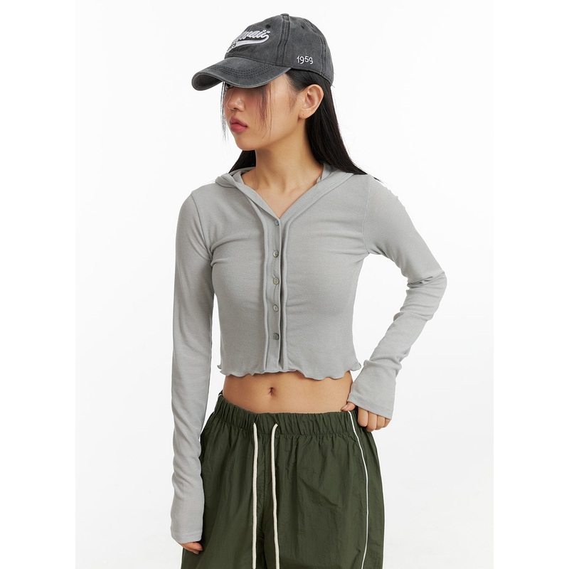 Hooded Button Crop Top CF414 Gray S/M