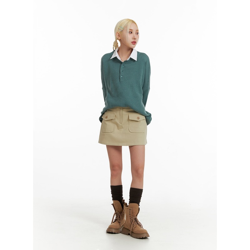 Pocket Cotton Mini Skirt IF408 Light beige S/M