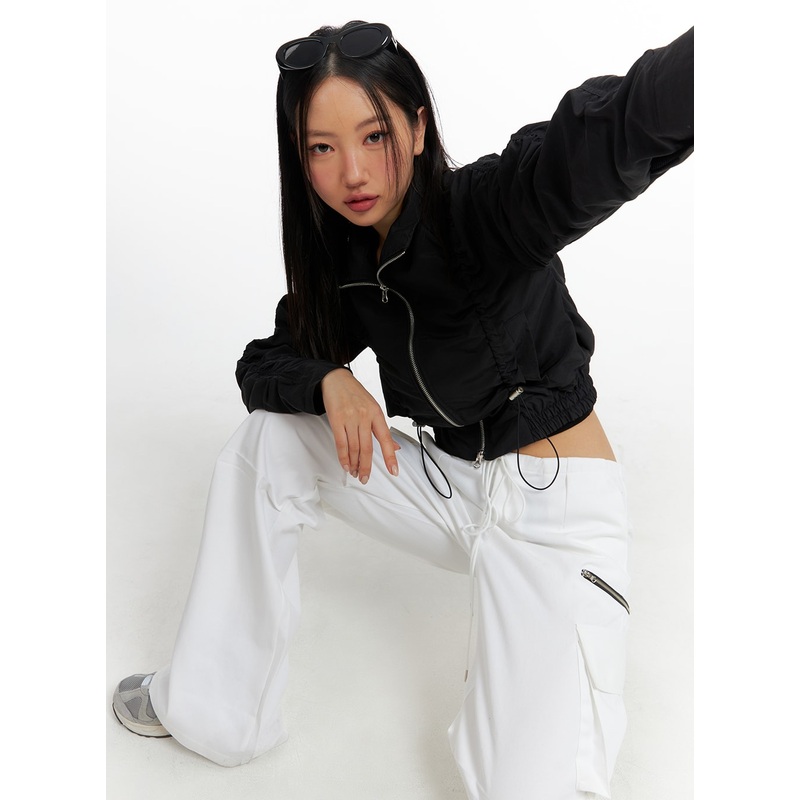 Shirred Nylon Crop Jacket CF414 Black S/M