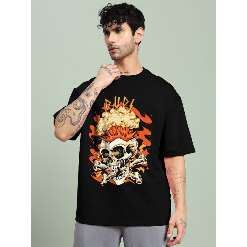 SKULL BLAST FIRE PRINT OVERSIZED T-SHIRT BLACK XS