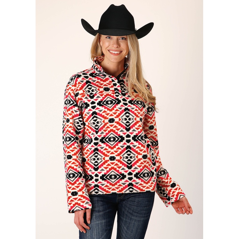 Womens Grey Orange Pink Aztec Print Fleece Pullover XS