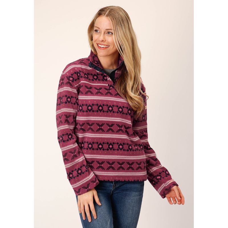 Womens Rusty Red Aztec Print Fleece Pullover XS