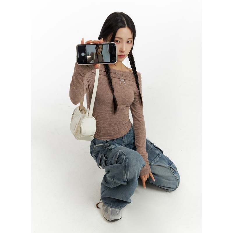 Wool-Blend Off-Shoulder Ruched Knit Top CF416 Dark pink S/M