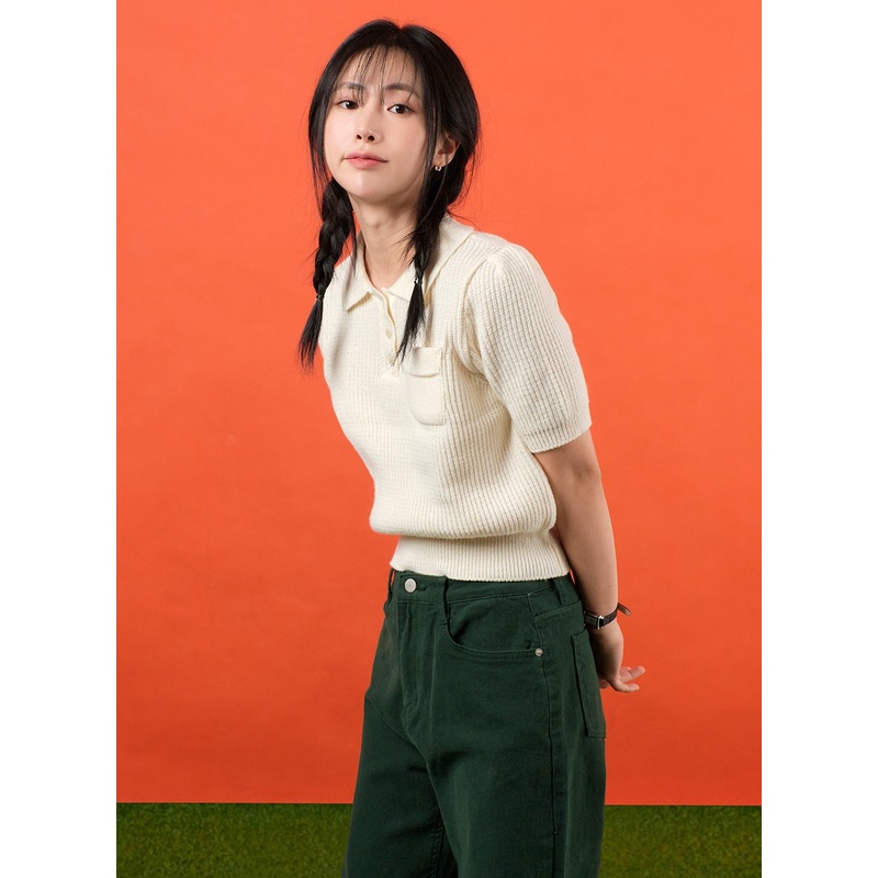 Collar Short Sleeve Knit Sweater OF406 Light beige S/M