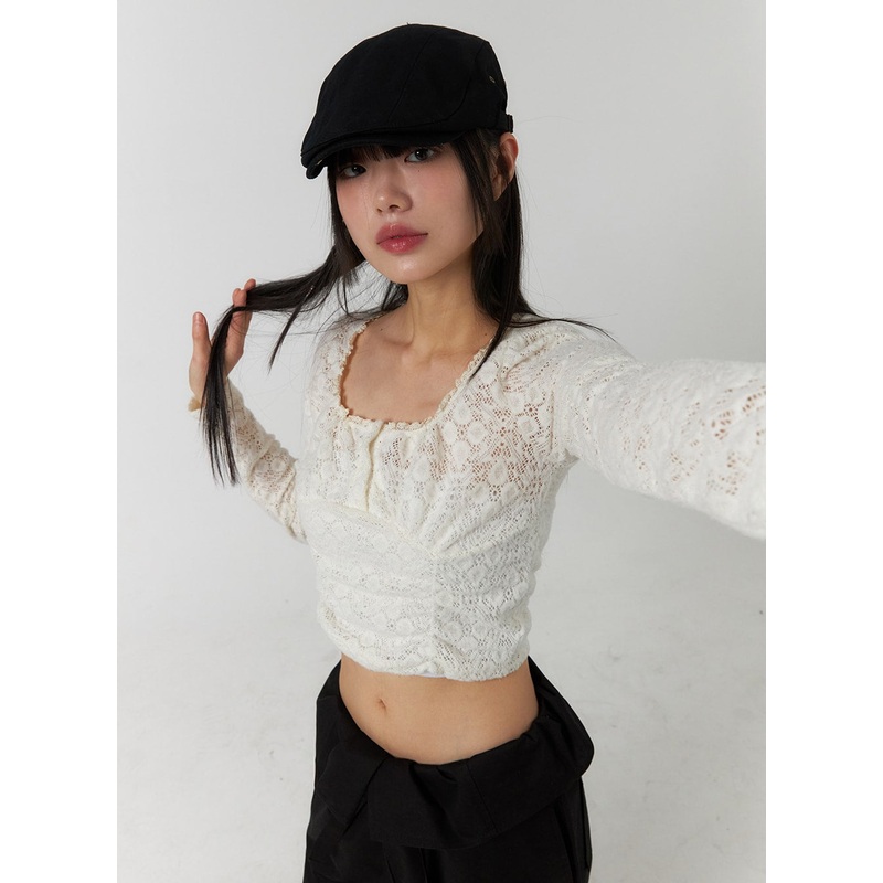 Floral Lace Round Neck Long Sleeve Top CF406 Light beige S/M