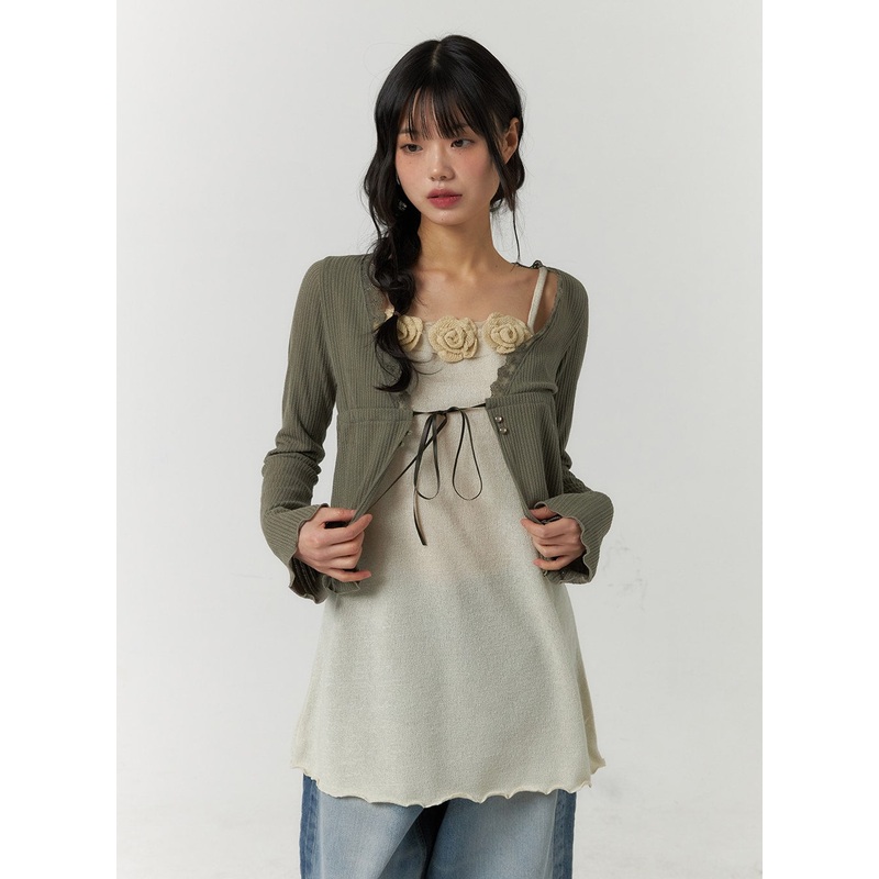 Lace Trim Cropped Cardigan CF406 Dark green S/M