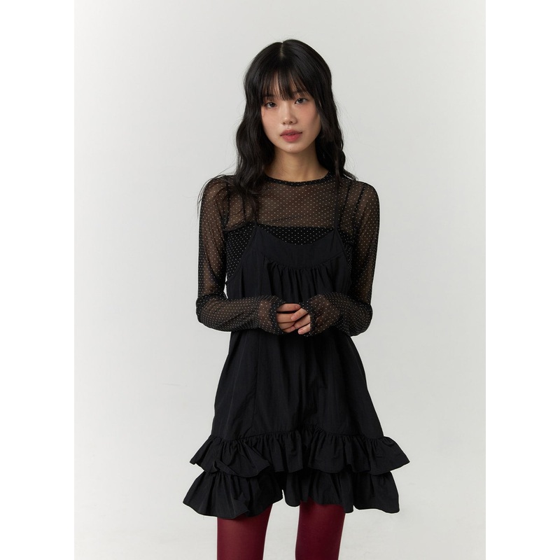 Mesh Polka Dot Long Sleeve Top CF406 Black S/M