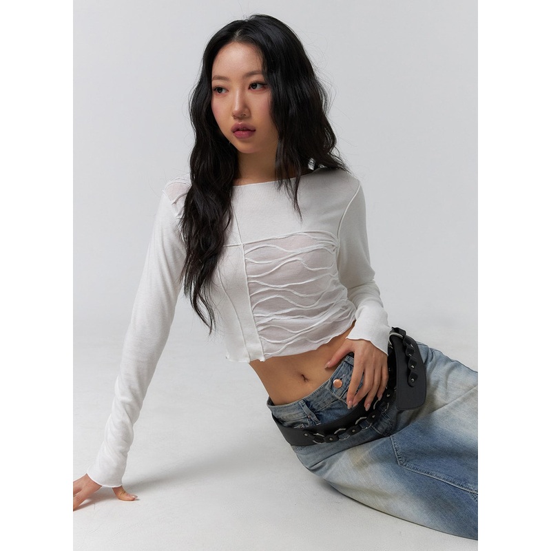 Mixed Texture Long Sleeve Top CF405 White S/M