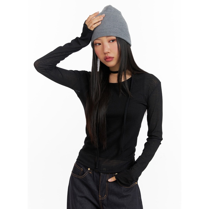 Slim Fit Round Neck Top with Scarf CF408 Black S/M