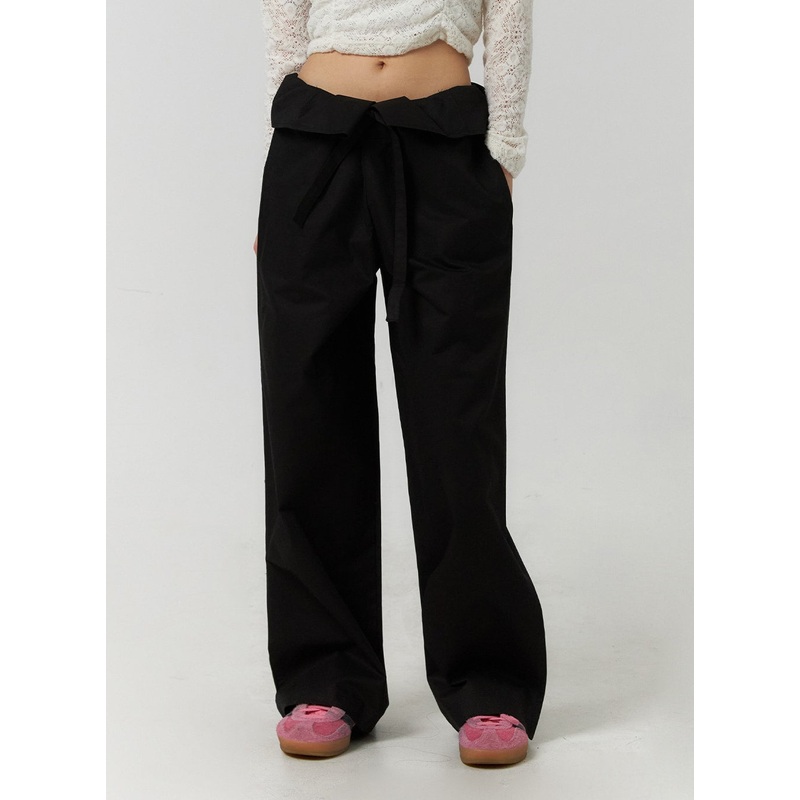 Solid Detail Waist Straight Pants CF406 Black S/M