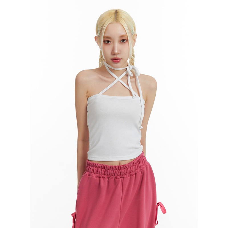 Solid Halter Bowknot Cami Top IF408 White S/M