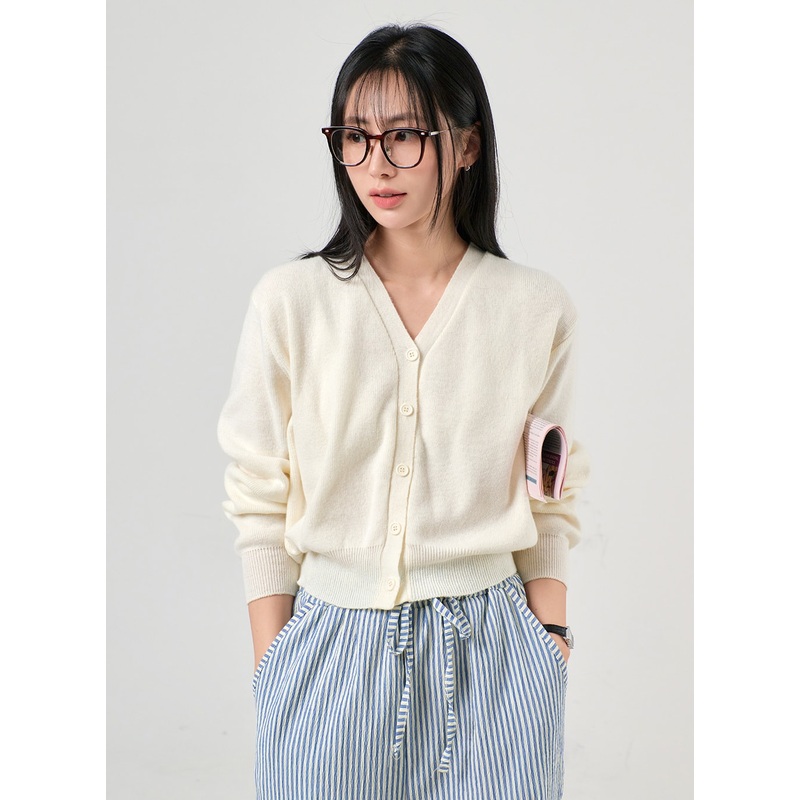 Solid V-Neck Buttoned Cardigan OF406 Light beige S/M