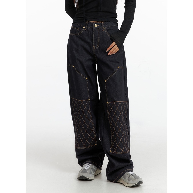 Stitched Wide Denim Jeans CF408 Dark blue S