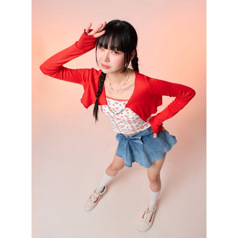 U-Neckline Solid Cropped Cardigan IF413 Red S/M