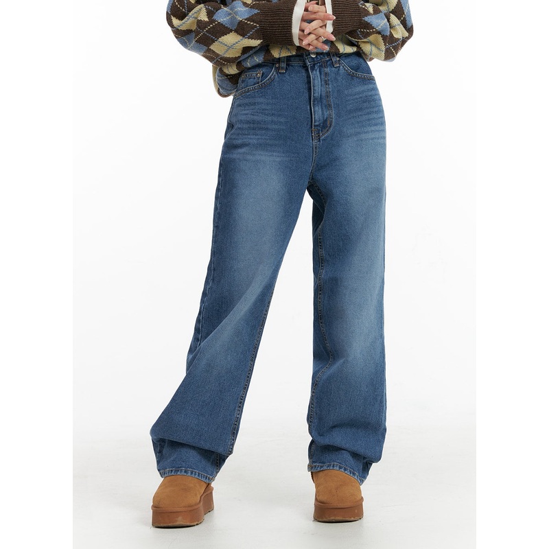 Washed Straight Leg Jeans IF408 Blue S