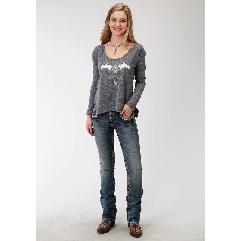 Womens Blue Solid With Screen Print Long Sleeve Knit Top XS